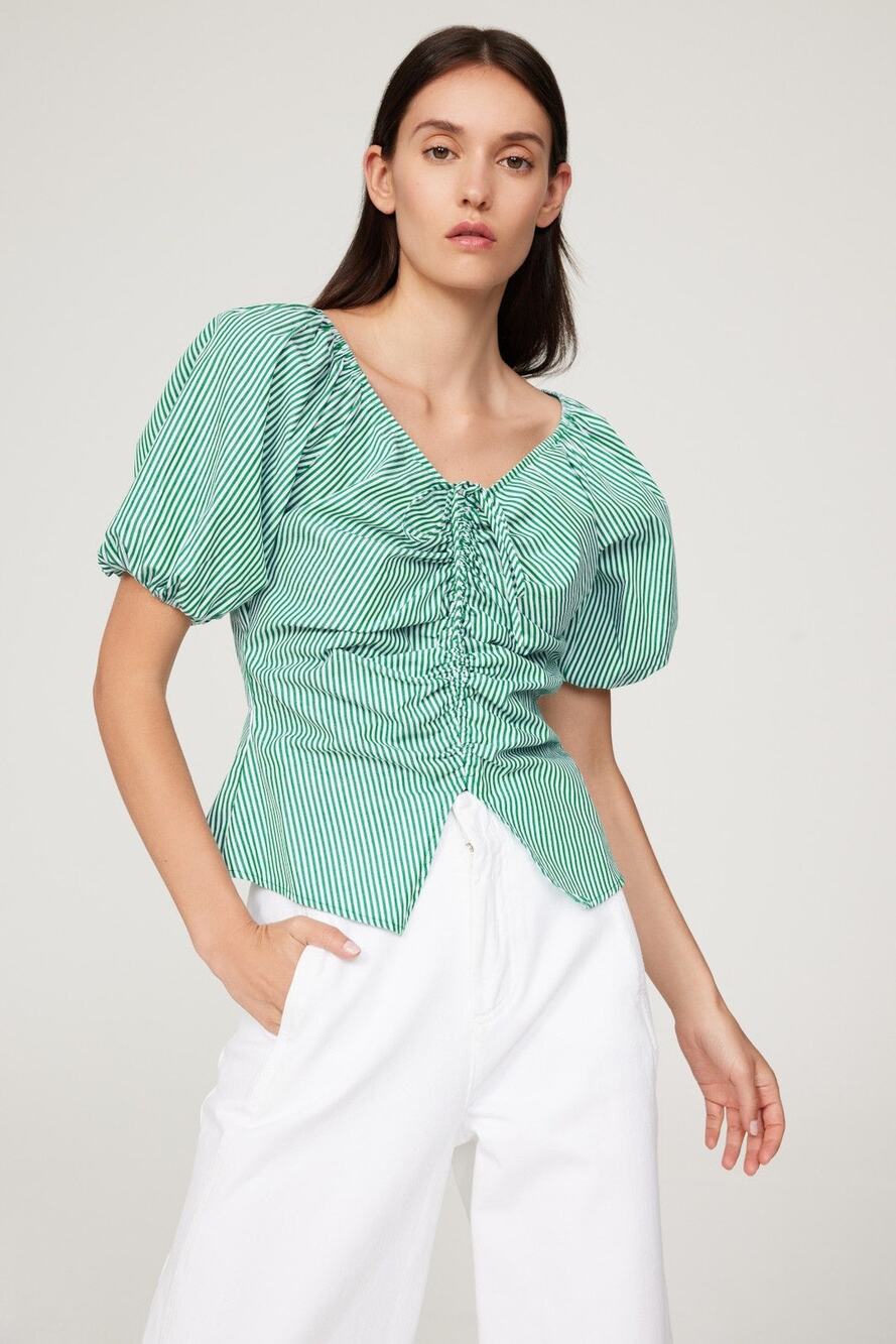 LISA SAYS GAH Green White Striped 100% Cotton Short Sleeve Margaret Top Size XS